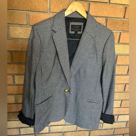 J. Crew Navy Blue Campbell Houndstooth Blazer Wool Blend Gold Button Size 16